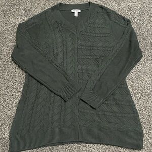 New Denim & Co Green Cable Knit Long Sleeve V neck Sweater MP